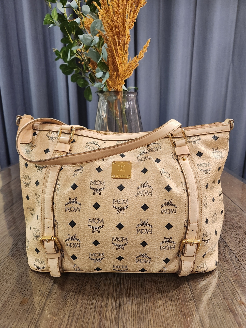 MCM Visetos Beige Logo Tote Bag